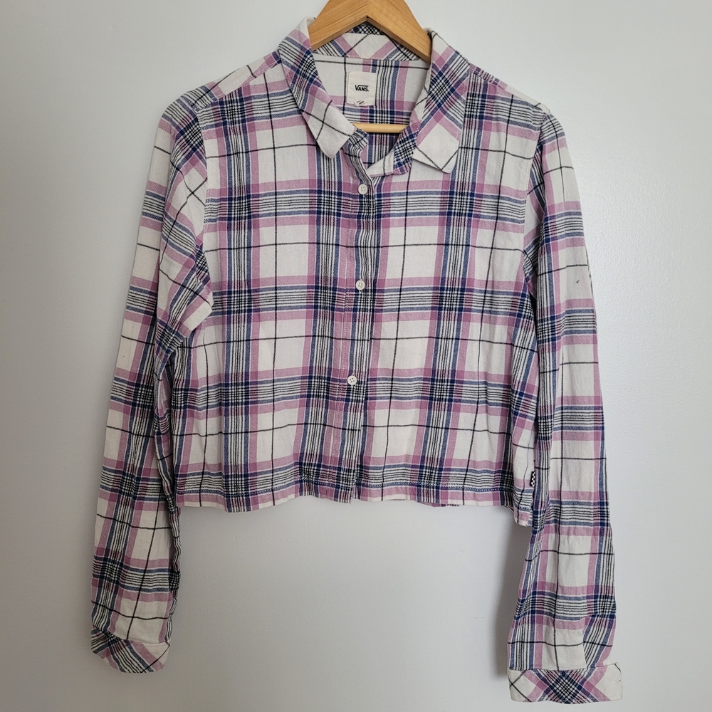 Vans Box Car II Cropped Plaid Button-Up Shirt Flannel Size XL Pink Boxy